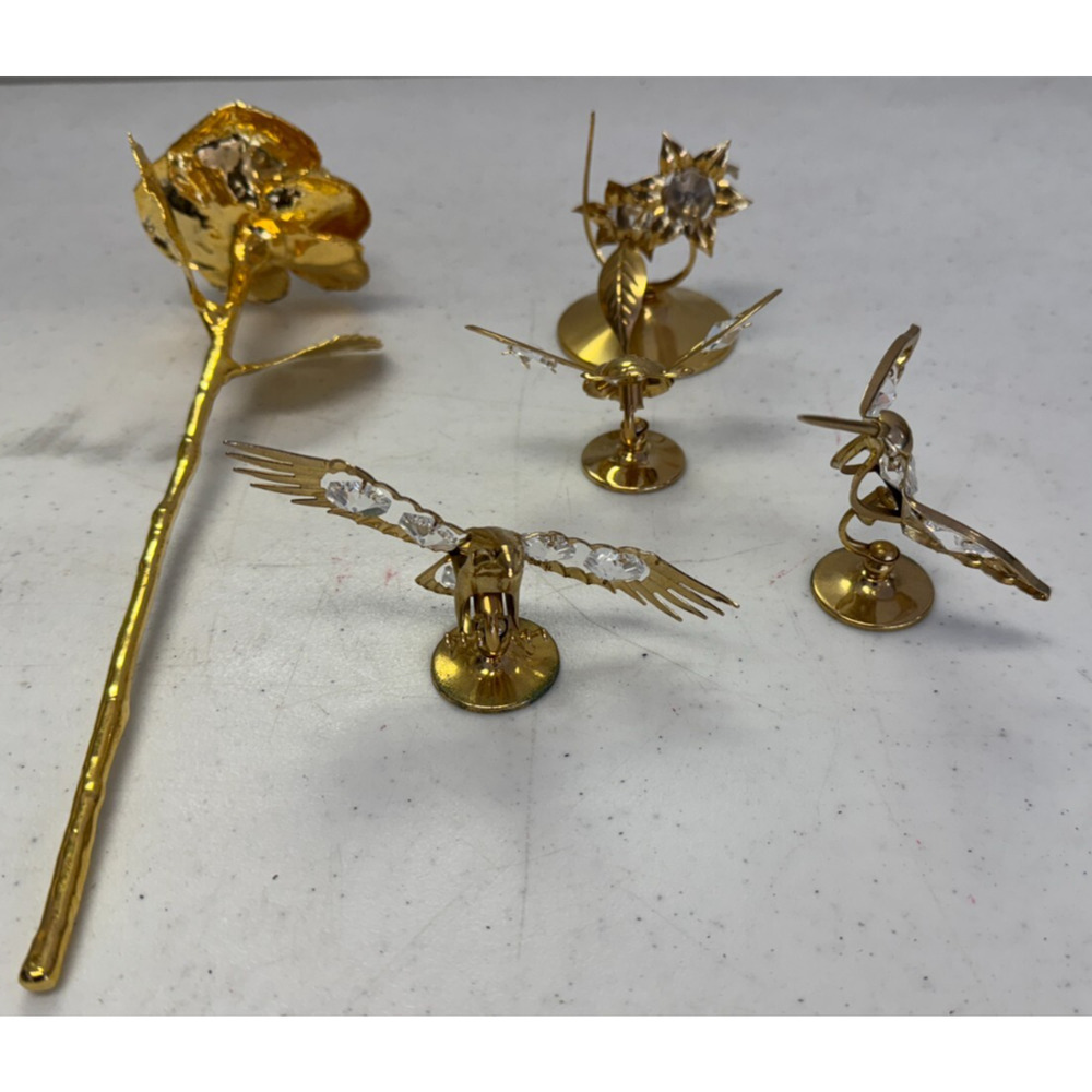 Vtg 24k Gold Plated Austrian Crystal Bird Rose Flower Butterfly Figure Set of 4